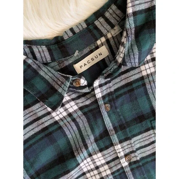 PacSun Mens Flannel Large Green Plaid Button Up Long Sleeve Casual Grunge Skater - Picture 2 of 7